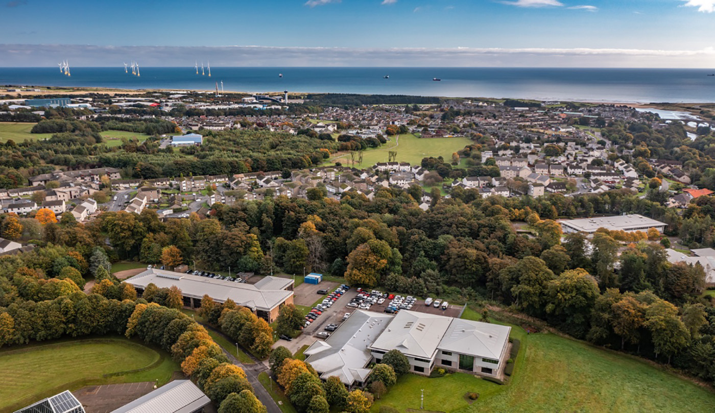 Aerial image of Scotia Instrumentation Aberdeen facility towards Aberdeen Bay